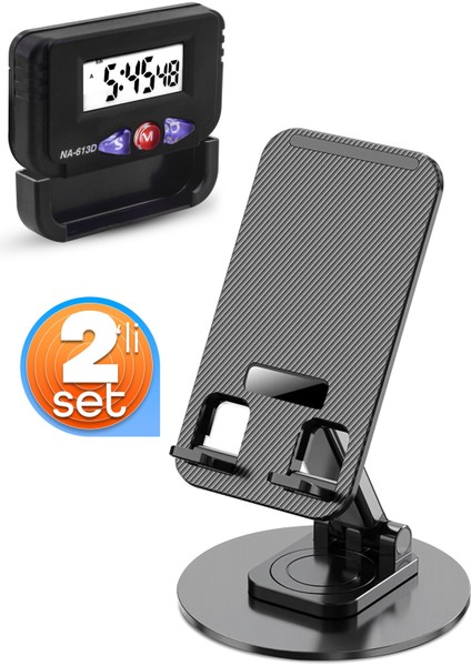 2li Set Telefon Standı Öğrenci Saati Katlanabilir Tablet Telefon Tutucu Kronometreli Pomodoro Saati