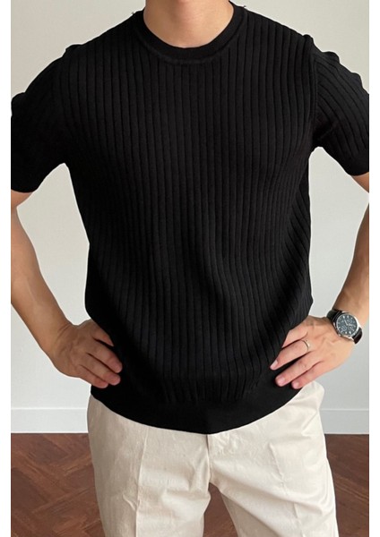 Erkek Siyah Fitilli Slim Fit Bisiklet Yaka Triko T-Shirt