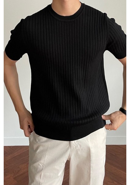 Erkek Siyah Fitilli Slim Fit Bisiklet Yaka Triko T-Shirt