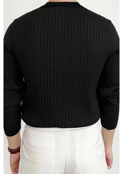 Erkek Siyah Fitilli Slim Fit Bisiklet Yaka Triko T-Shirt