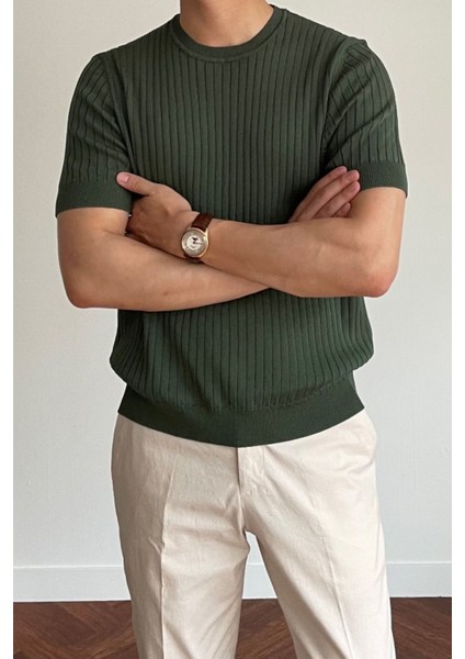 Erkek Haki Fitilli Slim Fit Bisiklet Yaka Triko T-Shirt
