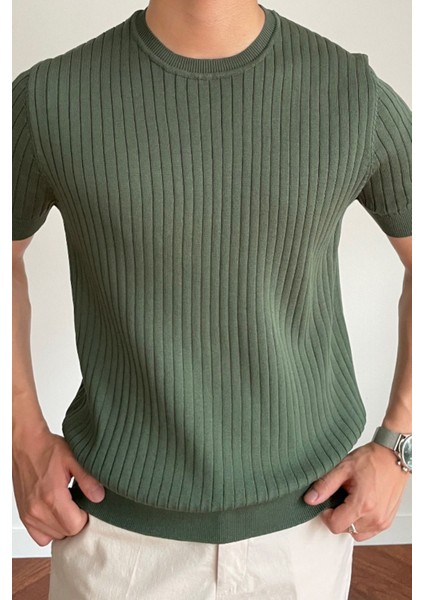Erkek Haki Fitilli Slim Fit Bisiklet Yaka Triko T-Shirt