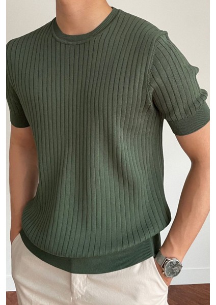 Erkek Haki Fitilli Slim Fit Bisiklet Yaka Triko T-Shirt