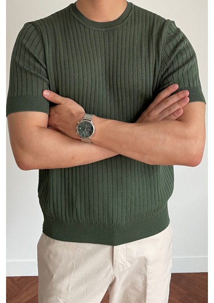 Erkek Haki Fitilli Slim Fit Bisiklet Yaka Triko T-Shirt