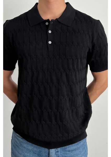 Erkek Ince Saç Örgülü Düğmeli Slim Fit Polo Yaka Triko T-Shirt
