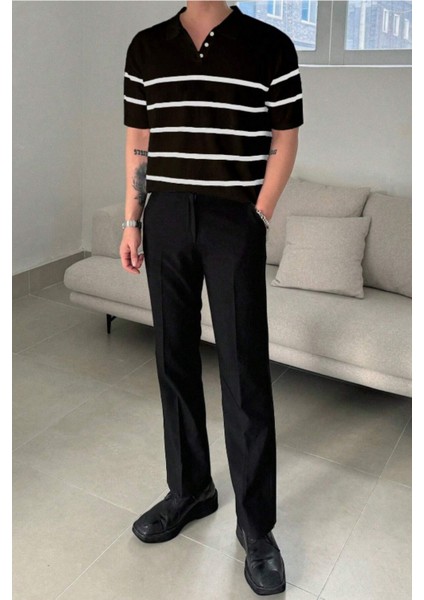 Erkek Düğmeli Polo Yaka Çizgi Detaylı Slim Fit Triko T-Shirt