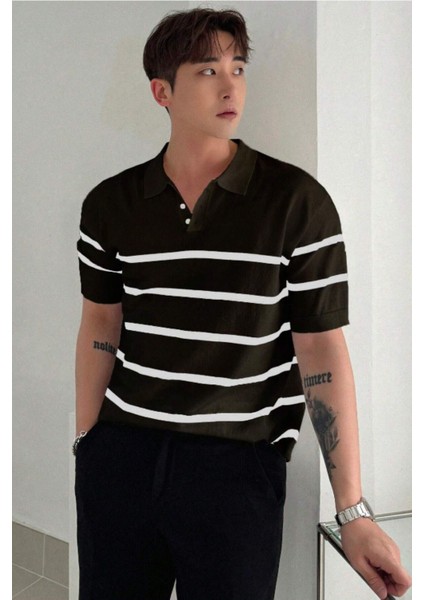 Erkek Düğmeli Polo Yaka Çizgi Detaylı Slim Fit Triko T-Shirt