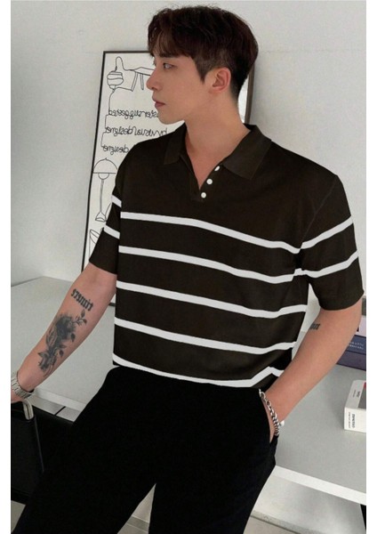 Erkek Düğmeli Polo Yaka Çizgi Detaylı Slim Fit Triko T-Shirt