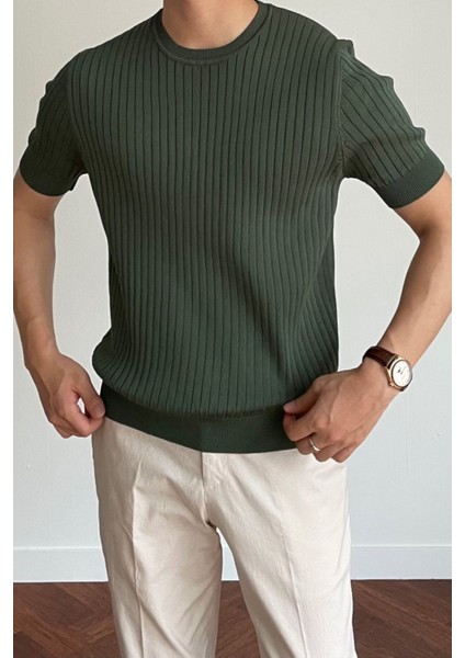Erkek Haki Fitilli Slim Fit Bisiklet Yaka Triko T-Shirt