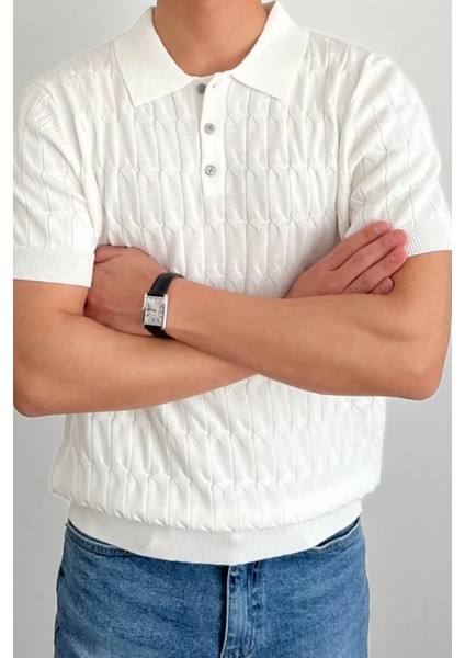 Erkek Ince Saç Örgülü Düğmeli Slim Fit Polo Yaka Triko T-Shirt