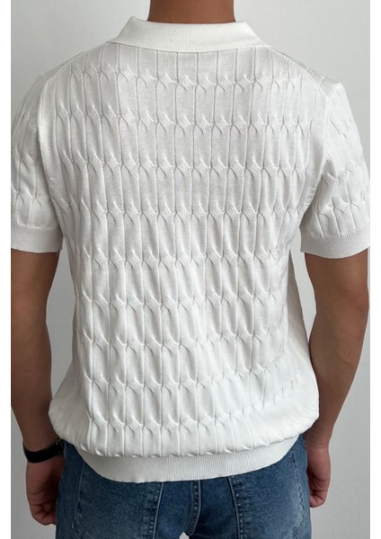 Erkek Ince Saç Örgülü Düğmeli Slim Fit Polo Yaka Triko T-Shirt