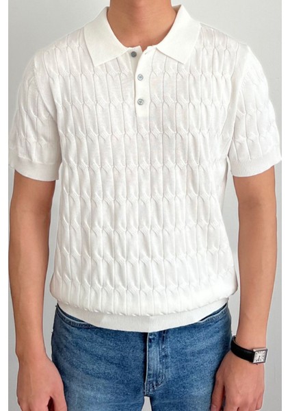 Erkek Ince Saç Örgülü Düğmeli Slim Fit Polo Yaka Triko T-Shirt indirimleri