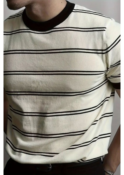 Erkek Çizgi Detaylı Slim Fit Bisiklet Yaka Triko T-Shirt