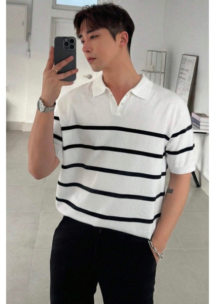 Erkek Düğmeli Polo Yaka Çizgi Detaylı Slim Fit Triko T-Shirt
