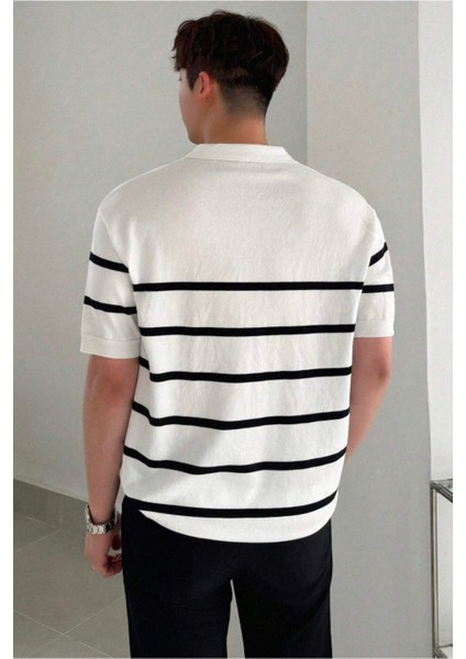 Erkek Düğmeli Polo Yaka Çizgi Detaylı Slim Fit Triko T-Shirt fiyatları