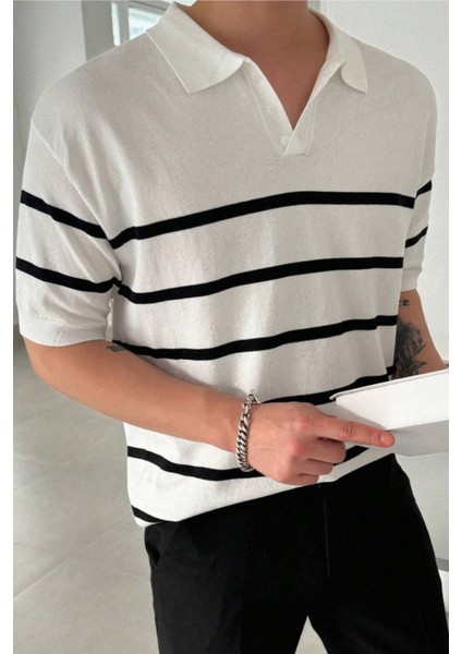 Erkek Düğmeli Polo Yaka Çizgi Detaylı Slim Fit Triko T-Shirt modelleri