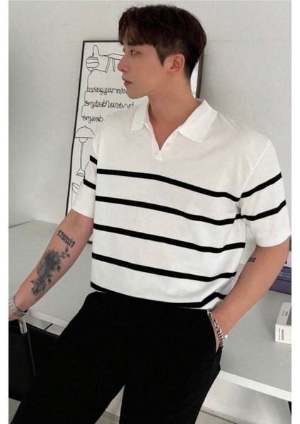Erkek Düğmeli Polo Yaka Çizgi Detaylı Slim Fit Triko T-Shirt fırsatları