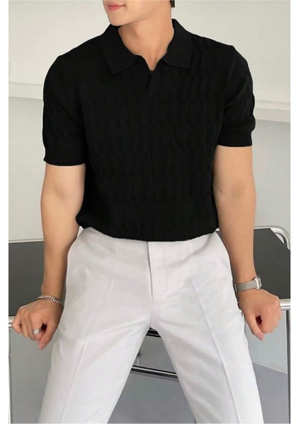 Erkek Siyah Ince Saç Örgülü Slim Fit Polo Yaka Triko T-Shirt