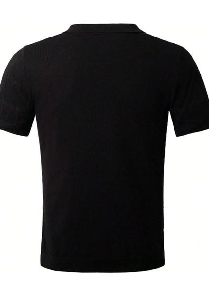 Erkek Siyah Ince Saç Örgülü Slim Fit Polo Yaka Triko T-Shirt