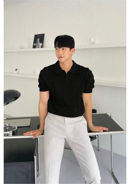 Erkek Siyah Ince Saç Örgülü Slim Fit Polo Yaka Triko T-Shirt