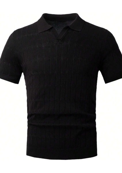 Erkek Siyah Ince Saç Örgülü Slim Fit Polo Yaka Triko T-Shirt