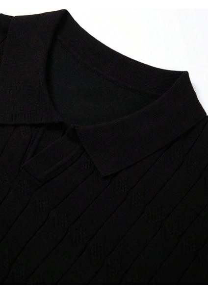 Erkek Siyah Ince Saç Örgülü Slim Fit Polo Yaka Triko T-Shirt
