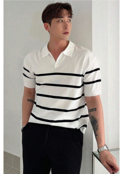 Erkek Düğmeli Polo Yaka Çizgi Detaylı Slim Fit Triko T-Shirt indirimleri