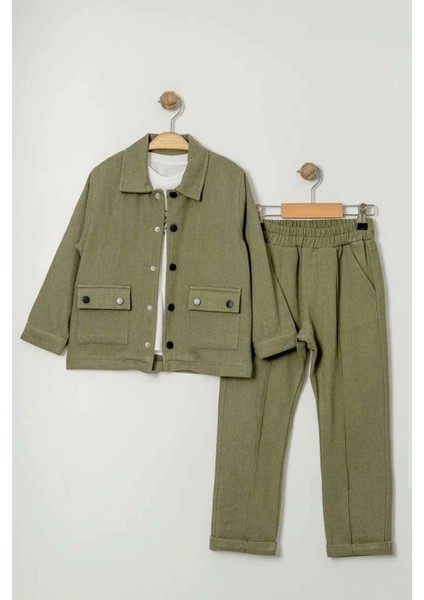 Çimalı Erkek Çocuk Düğmeli Ceketli 3 lü takım - Haki