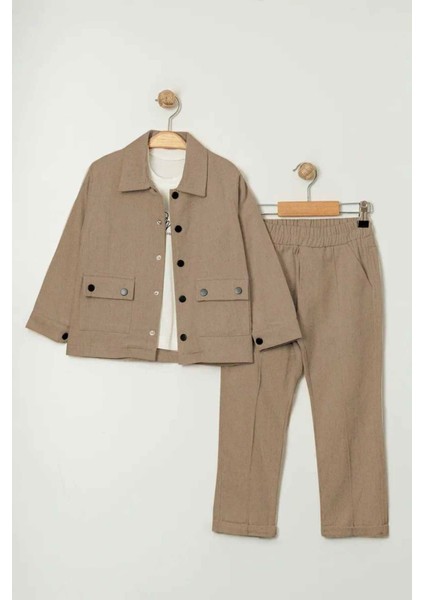 Çimalı Erkek Çocuk Düğmeli Ceketli 3 lü takım - Toprak