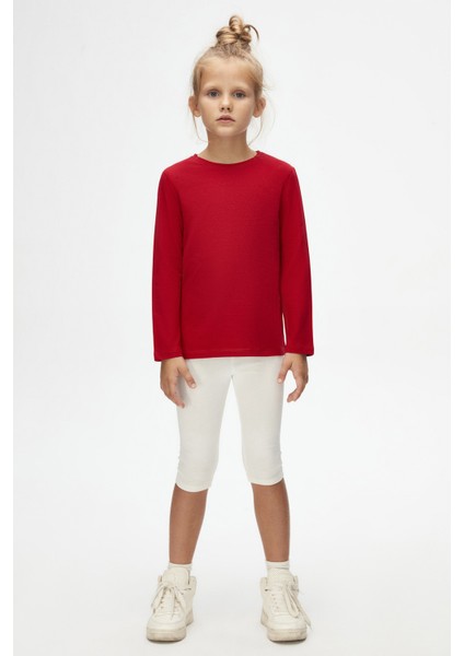 Kırmızı Basic Unisex Çocuk Mevsimlik Sıfır Yaka Uzun Kollu Tişört