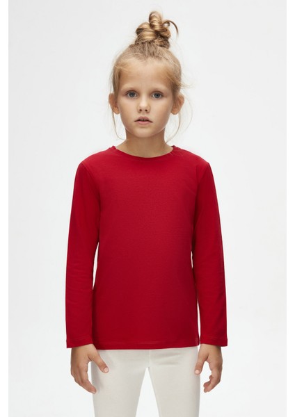 Kırmızı Basic Unisex Çocuk Mevsimlik Sıfır Yaka Uzun Kollu Tişört fiyatları
