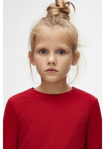 Kırmızı Basic Unisex Çocuk Mevsimlik Sıfır Yaka Uzun Kollu Tişört modelleri