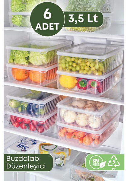 6 Adet Buzdolabı Düzenleyici Saklama Kabı Seti 3,5 Lt Şeffaf- Sebze Meyve Erzak Saklama -dipfriz
