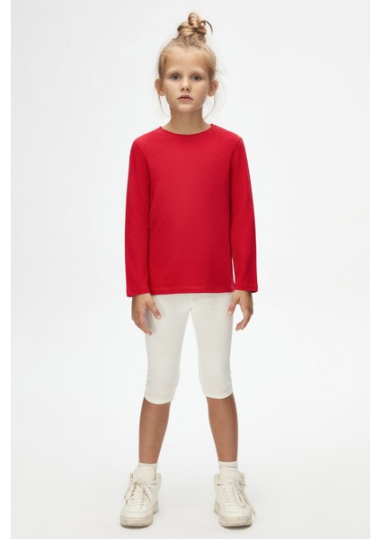 Açık Kırmızı Basic Unisex Çocuk Mevsimlik Sıfır Yaka Uzun Kollu Tişört