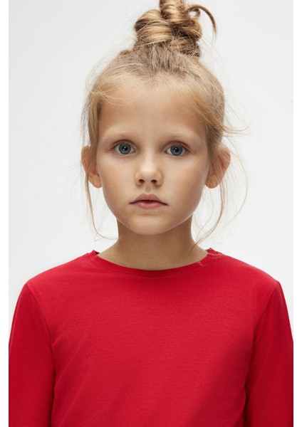 Açık Kırmızı Basic Unisex Çocuk Mevsimlik Sıfır Yaka Uzun Kollu Tişört modelleri