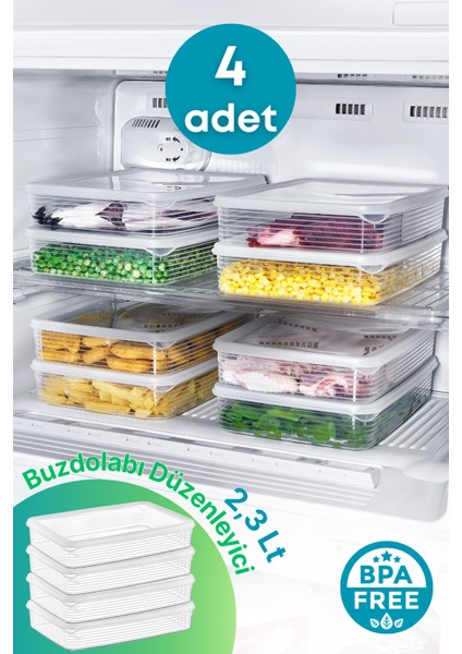 4 Adet Derin Dondurucu Buzluk Saklama Kabı Seti 2,3 Lt Şeffaf- Buzdolabı Düzenleyici -Dipfriz