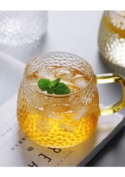 Borosilikat Cam Lüks Buzlu Cam Kupa Gold Sap Detaylı 350 Ml 4 Adet