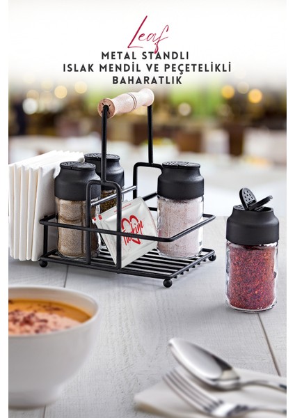 Metal Standlı Peçetelikli Islak Mendil Bölmeli 4'lü Çift Kapaklı Cam Restoran Kafe Baharatlık Seti