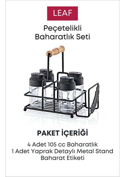 Metal Standlı Peçetelikli Islak Mendil Bölmeli 4'lü Çift Kapaklı Cam Restoran Kafe Baharatlık Seti