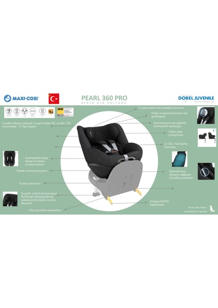 Pearl 360 Pro Dünyanın İlk Kızaklı, Araç Dışına Çıkabilen 360 Dönebilen Yatabilen İsofix Bazalı Bebek Oto Koltuğu 0-18 kg Authentic Black