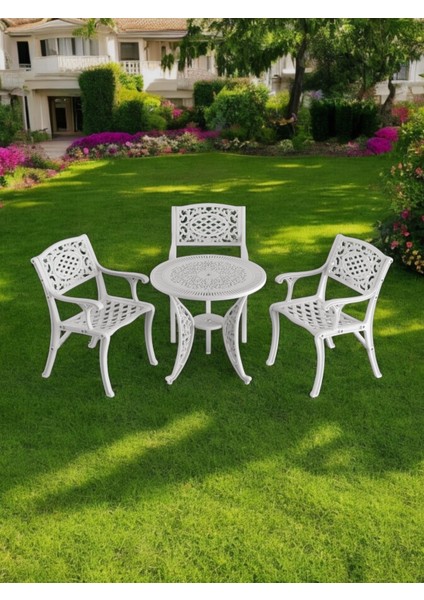 Ferforje Görünümlü Plastik Yuvarlak Ø75 Cunda Masa Sandalye Takımı 1 Masa 3 Sandalye Balkon, Bahçe Mobilyası