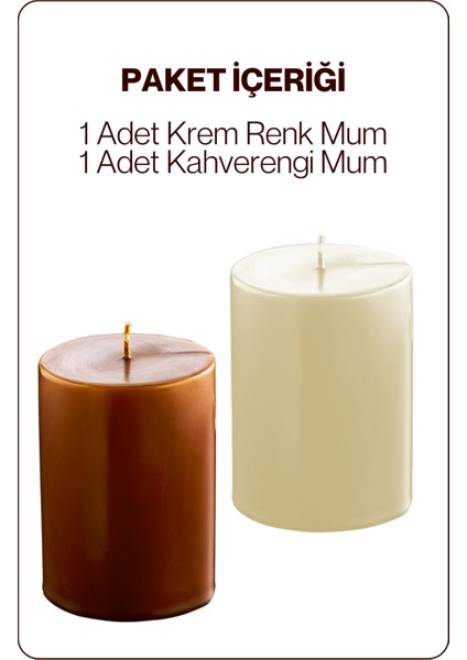 2 Adet Silindir Dekoratif Kokusuz Krem Kahve Mum- Hediyelik Blok Mum
