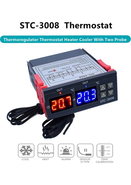 Çift Dijital STC-3008 Sıcaklık Kontrol Cihazı Iki Röle Çıkışı A (Yurt Dışından)