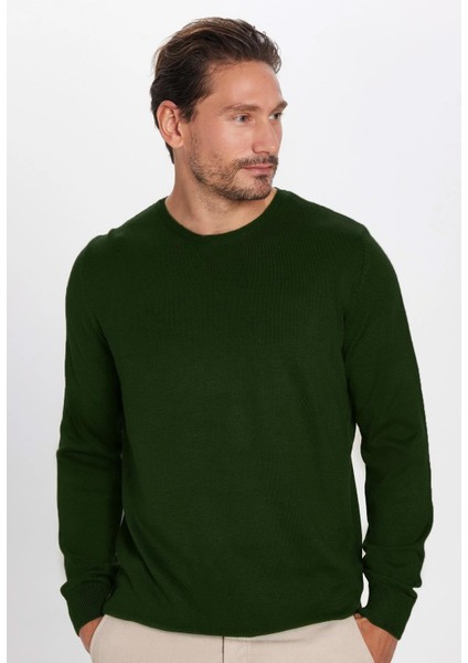 Erkek Slim Fit Dar Kesim Bisiklet Yaka Yeşil Triko Kazak