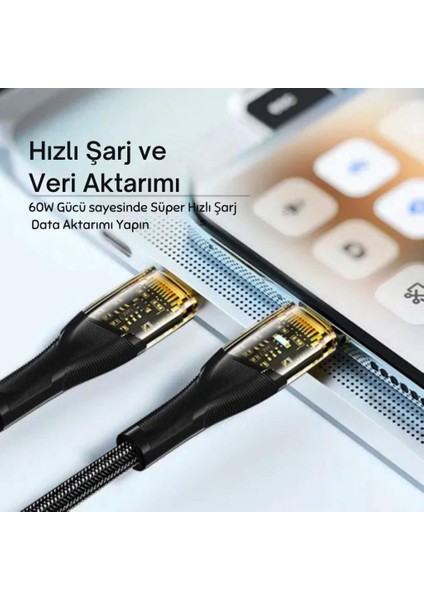 1 Metre Pd 60W LED Işıklı Süper Hızlı Type-C To Type-C Şarj Data Kablosu Güçlü Kablo