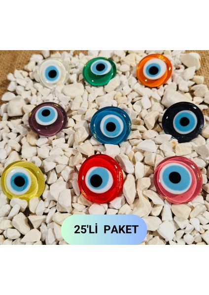 Cam Renkli Yaldızlı Nazar Boncuklu Magnet, El Yapımı Buzdolabı Süsü, Dekoratif Obje 4x4 cm 25'li