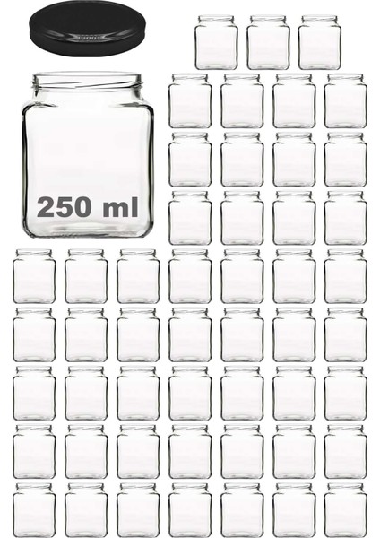 250 ml Metal Siyah Kapaklı Kare Kavanoz 250 cc Şeffaf Köşeli Kavanoz 50 Adet