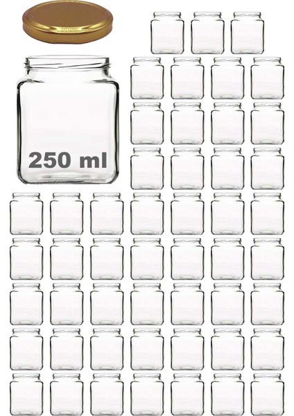 250 ml Metal Gold Kapaklı Kare Kavanoz 250 cc Şeffaf Köşeli Kavanoz 50 Adet