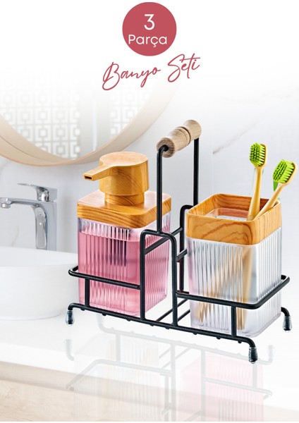 Metal Standlı Ahşap Detaylı Sıvı Sabunluk Diş Fırçalık Mutfak Banyo Seti- Şeffaf