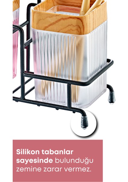 Metal Standlı Ahşap Detaylı Sıvı Sabunluk Diş Fırçalık Mutfak Banyo Seti- Şeffaf modelleri